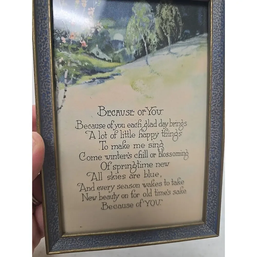 Vintage BECAUSE OF YOU Blue Speckled‎ Hanging Portrait Photo Picture Frame Decor